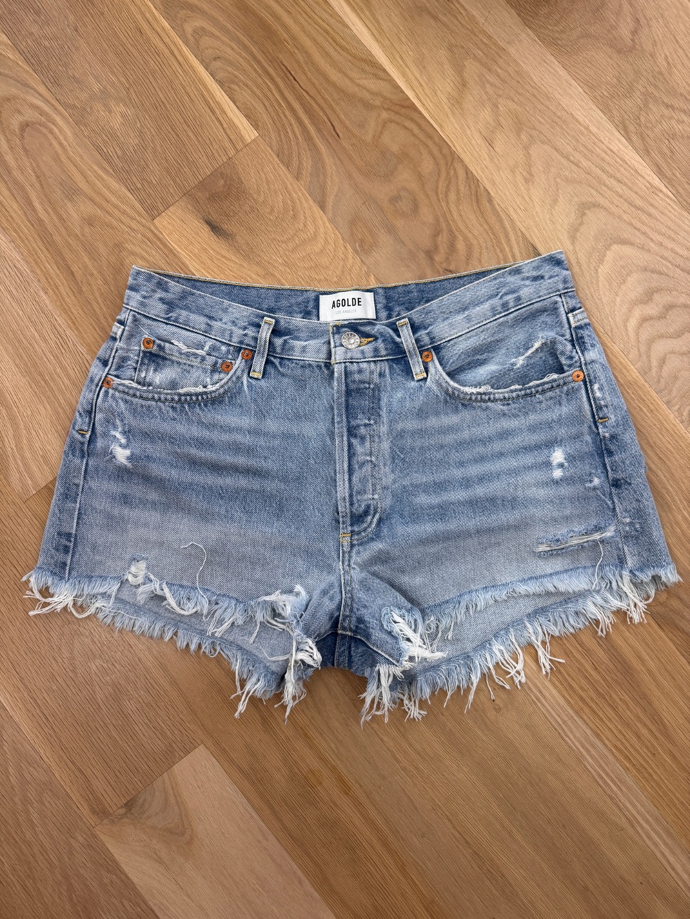 AGOLDE Parker Denim Shorts Size 28 Light Wash Distressed Raw Hem